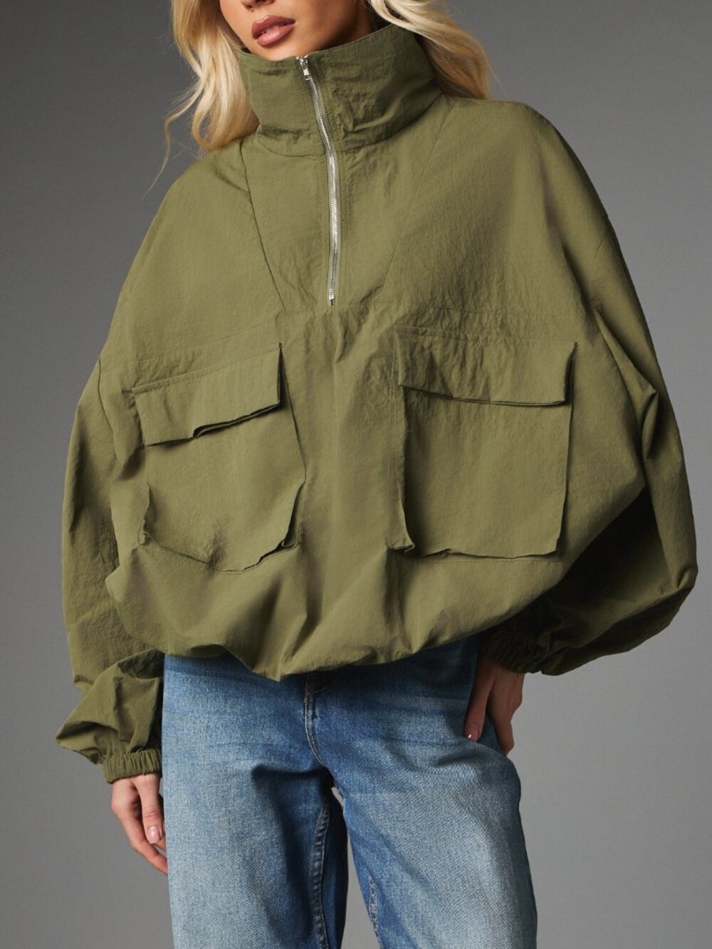 Army Green Casual Women's Oversized Half-Zip Pullover Jacket